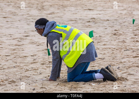 Bournemouth, Dorset, Großbritannien. 19. Mär 2019. Viele Aktivitäten auf und rund um den Strand, als Studenten von der Universität von East London durchführen engineering Vermessung Feld zu arbeiten, als Teil Ihres Studiums für ein Pflichtfeld Kurs im Land und Engineering Vermessung. Credit: Carolyn Jenkins/Alamy leben Nachrichten Stockfoto