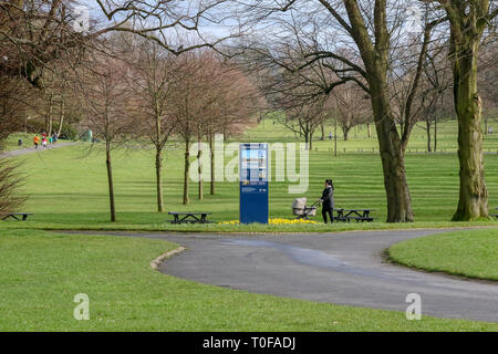 Lurgan Park, Lurgan, County Armagh, Nordirland. 19. Mär 2019. Uk Wetter - ein grauer Tag endete mit heller sonnigen Perioden. Viel milder, Temperaturen bis in die Nähe des doppelten Abbildungen, einen angenehmen Tag im Park erhöht. Frau Schieben eines Kinderwagens im öffentlichen Park. Quelle: David Hunter/Alamy Leben Nachrichten. Stockfoto