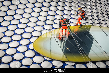 Die Stierkampfarena, Birmingham, UK, 19. März 2019. Eine Gruppe von Seil Reinigung und Wartung Fremdfirmen arbeiten in luftiger Höhe auf dem berühmten Fassade der Selfridges in Birmingham Bull Ring Einkaufszentrum. Die Arbeit ist Teil einer geplanten laufenden Projekts. Die selfridges Gebäude ist in 15.000 überdachte Aluminium Scheiben auf einem blauen Hintergrund gesponnen. Credit: Imageplotter/Alamy leben Nachrichten Stockfoto