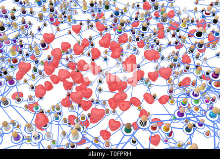 Masse von kleinen symbolischen 3D-Figuren mit Linien, komplexe 2-in-1-System mit roten Herzen Symbole ab, über Weiß, horizontal Stockfoto