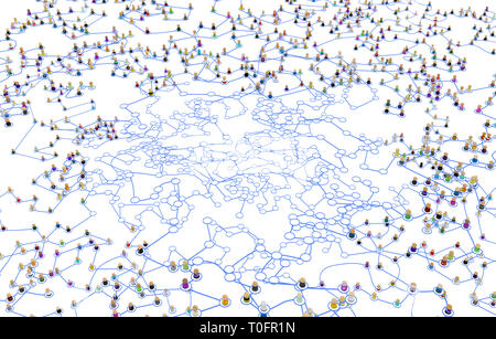 Masse von kleinen symbolischen 3D-Figuren mit Linien, komplexe 2-in-1-System unverstellte Fläche ab, über Weiß, horizontal Stockfoto