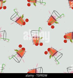 Kirschsaft. Ein Glas Kirschsaft und Kirschen. Vektor nahtlose Muster 10 eps Stock Vektor