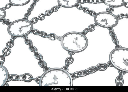 Verkettete Uhren viele, dunkelgrau Metall 3d Illustration verbunden, isoliert, horizontal, über Weiß Stockfoto