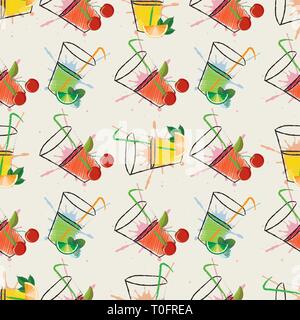 Nahtlose Muster mit Brille von Orange, Kirschsaft und Mojito in Schraffur Stil 10 eps Stock Vektor