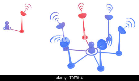 Kreise verbunden Verbindung Satellitenschüssel Signal, über Weiß, isoliert, horizontal 3D-Darstellung Stockfoto