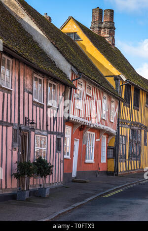 Fachwerk mittelalterliche Häuser, Water Street, Lavenham, Suffolk, England, Vereinigtes Königreich Stockfoto