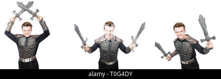 Junge lustige Mann in Rüstung Anzug Stockfoto