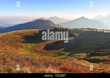 Bunte lichter Morgen auf einen Berg in den Allgäuer Alpen (Bayern, Deutschland). Hellen roten Gras und Wald mit einem kleinen See. Stockfoto