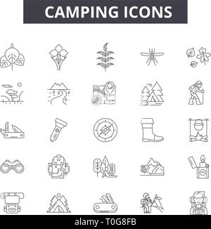 Camping Zeile für Symbole für Web und mobile Design. Editierbare Schlaganfall Anzeichen. Camping Entwurfskonzept Abbildungen Stock Vektor