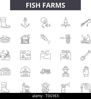 Fischzuchtbetriebe Zeile für Symbole für Web und mobile Design. Editierbare Schlaganfall Anzeichen. Fischzuchtbetriebe Entwurfskonzept Abbildungen Stock Vektor