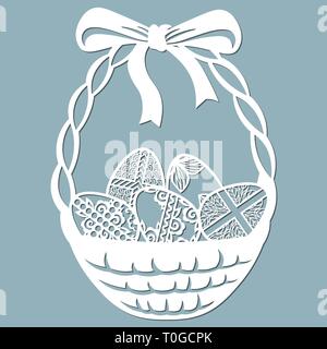 Bug, Korb, Kreuz, Blätter, Blüten, in ei geschnitzt. Vector Illustration. Ostern Eier zu Ostern. Satz von Papier Osterei Aufkleber. Laser geschnitten. Stock Vektor