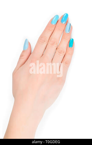 Hand mit blauem Nagellack. Auf weißen, Beschneidungspfade getrennt ausgewiesen Stockfoto