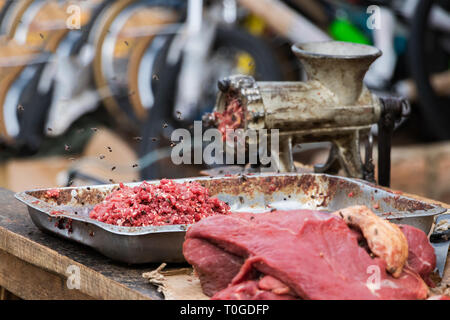 Rohes Hackfleisch und ein Schleifer mit Fliegen im Freien in Toliara, Madagaskar. Stockfoto