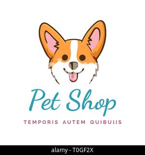 Corgi hund Logo. Welshcorgi Welpen Gesicht Pet shop Emblem, Vektor cute glücklich lächelnde orange Pembroke logo Vorlage isoliert auf weißem Stock Vektor