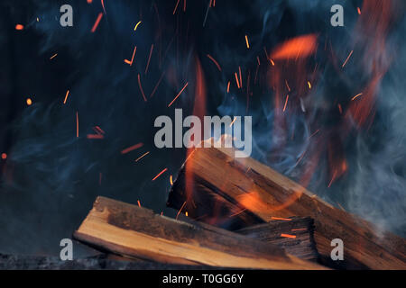 Ein Schuß von brennendem Holz in den Kamin. Close-up. Das Verbrennen von Holz zum Grillen ein. Rauch und Funken. Feuer Hintergrund. Stockfoto