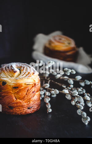 Ostern Kuchen mit Puderzucker kranch auf einem dunklen Hintergrund und mit Willow Blumen. Stockfoto