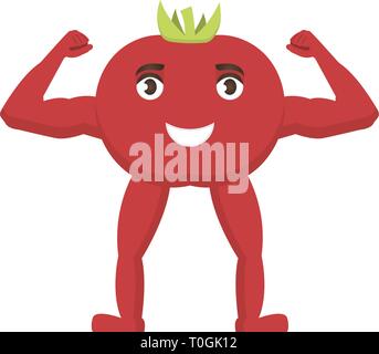 Tomate starkes Symbol, Gemüse mit glücklichen Gesicht, gesundes Essen Charakter im Comic-Stil Stock Vektor