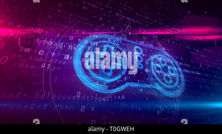 Retro Gamepad Controller Hologramm auf digitalen Hintergrund. 5G, Gaming, spielen, Pad und online Spiel abstrakte Konzept 3D-Abbildung. Stockfoto