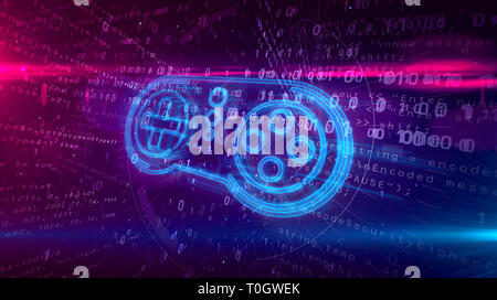 Retro Gamepad Controller Hologramm auf digitalen Hintergrund. 5G, Gaming, spielen, Pad und online Spiel abstrakte Konzept 3D-Abbildung. Stockfoto