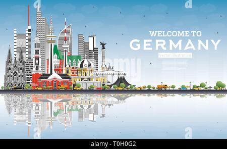 Nach Deutschland Skyline mit grauen Gebäude, blauer Himmel und Reflexionen zu begrüßen. Vector Illustration. Business Travel und Tourismus Konzept. Stock Vektor