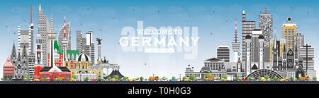 Nach Deutschland Skyline mit grauen Gebäuden und blauer Himmel willkommen. Vector Illustration. Business Travel und Tourismus Konzept mit moderner Architektur. Stock Vektor