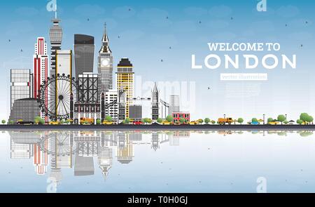 Nach London England Skyline mit grauen Gebäude willkommen, blauer Himmel und Reflexionen. Vector Illustration. Wirtschaft und Tourismus Konzept. Stock Vektor