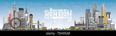 Nach London England Skyline mit grauen Gebäuden und blauer Himmel willkommen. Vector Illustration. Business Travel und Tourismus Konzept mit moderner Architektur. Stock Vektor