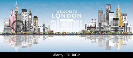 Nach London England Skyline mit grauen Gebäude willkommen, blauer Himmel und Reflexionen. Vector Illustration. Wirtschaft und Tourismus Konzept. Stock Vektor