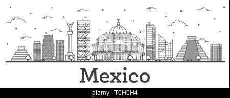 Übersicht Mexiko City Skyline mit historischen Gebäuden isoliert auf Weiss. Vector Illustration. Mexiko Stadt mit Sehenswürdigkeiten. Stock Vektor