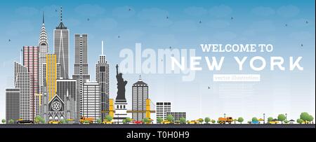 Nach New York USA Skyline mit grauen Gebäuden und blauer Himmel willkommen. Vector Illustration. Business Travel und Tourismus Konzept mit moderner Architektur. Stock Vektor