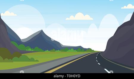 Asphalt Autobahn Straße und schönen Bergen natürlichen Landschaft Hintergrund horizontale Banner flach Stock Vektor