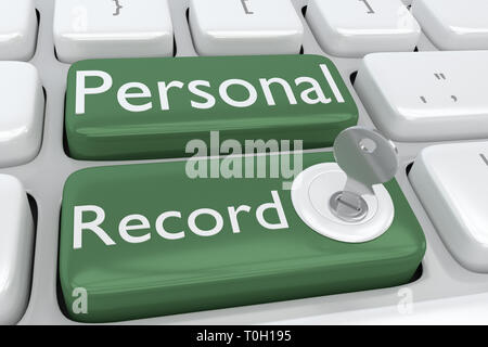 3D-Abbildung der Tastatur mit dem print persönlichen Datensatz auf zwei angrenzende grüne Tasten, und einen Schlüssel in einem Dieser Butons eingefügt. Stockfoto