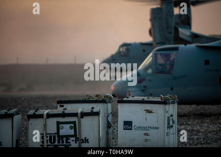 Us-Marines mit Marine Medium Tiltrotor Squadron 165 MV-22 B Fischadler verwenden, um das Zahnrad von der Marines mit Waffen, 3rd Battalion, 4th Marines, Special Purpose Marine Air-Ground Task Force Krise Response-Central Befehl angehängt, in Südwestasien, 10. März 2019. SPMAGTF-CR-CC wurde speziell für den Einsatz in der Lage, Bereitstellung von Luft, Boden und Logistik Kräfte in einem Augenblick. Vereinten internationalen Anstrengungen gegen Daesh wird die Fähigkeit zu rekrutieren, auszubilden, auszurüsten, finanzieren, planen verhindern, zu inspirieren und zu gewalttätigen extremistischen Handlungen führen, regional und global. (U.S. Ma Stockfoto