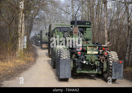 Us-Armee Fallschirmjäger auf die 173Rd Brigade Support Bataillons, 173Rd Airborne Brigade, und Soldaten aus dem slowenischen Streitkräfte zugewiesen Verhalten einen Konvoi, die im Rahmen der Übung Lipizzaner V bei Pocek in Postonja, Slowenien, Jan. 14, 2019. Lipizzaner ist eine kombinierte Squad-level Training in der Vorbereitung für platoon Bewertung und Bataillon-Bereitstellungsverfahren zu überprüfen. Die 173Rd Airborne Brigade ist der US-Armee Contingency Response Force in Europa, die in der Projektion bereit Kräfte überall in den USA in Europa, Afrika oder Verantwortungsbereich Zentrale Befehle". ( Stockfoto