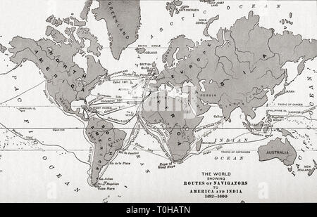 Weltkarte mit Seerouten von Seefahrern nach Amerika und Indien Stockfoto