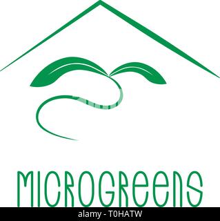 Microgreens Logo. Anlage unter die stilisierte Dach des Hauses. Saatgut und Leben microgreens packaging design Stock Vektor