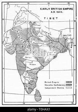 Karte mit Bereichen, die von Briten in Indien und Ceylon, 1805 kontrolliert Stockfoto