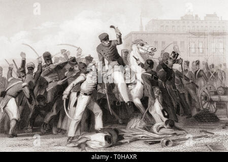 Tod von Colonel Finnis in Meerut, Uttar Pradesh, Indischer Rebellion, Indischer Meuterei, sepoyische Meuterei, Rebel Sepoy, Indien, Asien, Asiaten, Inder, Altes Vintage 1800s Bild Stockfoto