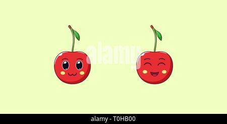 Niedlich Kawaii Kirsche, Cartoon reife Früchte. Vector Illustration von Cartoon rote Kirsche mit charmanten und freundlichen Gesicht, lustig Emoji. Saftig fruchtig Aufkleber. Stock Vektor