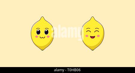 Niedlich Kawaii Zitrone, Cartoon Zitrusfrüchte. Vector Illustration von Cartoon gelbe Zitrone mit charmanten und freundlichen Gesicht, lustig Emoji. Saftig tropischer Stic Stock Vektor