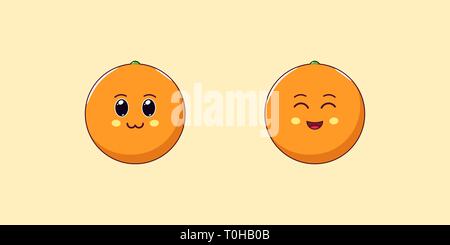 Niedlich Kawaii Orange, Cartoon Zitrusfrüchte. Vector Illustration von Reifen Cartoon Orange mit charmanten und freundlichen Gesicht, lustig Emoji. Saftig tropischer Stic Stock Vektor
