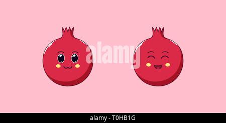 Niedlich Kawaii Granat, Cartoon reife Früchte. Vector Illustration von Cartoon Granatapfel mit charmanten und freundlichen Gesicht, lustig Emoji. Saftig fruchtig Aufkleber. Stock Vektor
