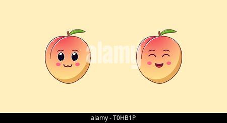 Niedlich Kawaii Pfirsich, Cartoon reife Früchte. Vector Illustration von Cartoon Honeyed Pfirsich mit charmanten und freundlichen Gesicht, lustig Emoji. Saftige Süße Aufkleber. Stock Vektor
