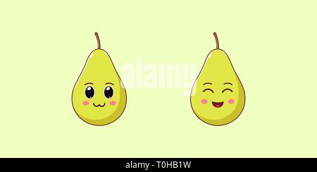 Niedlich Kawaii Birne, Cartoon reife Früchte. Vector Illustration von Cartoon grüne Birne mit charmanten und freundlichen Gesicht, lustig Emoji. Saftig fruchtig Aufkleber. Pr Stock Vektor