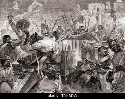 Soldaten unter dem Kommando des Generalmajors Sir Henry Havelock erobern Waffen bei Cawnpore Kanpur Uttar Pradesh India Indian Mutiny Sepoy Mutiny alten Vintage 1800s Gravur zurück Stockfoto