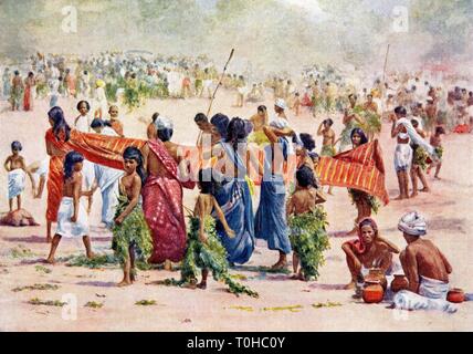 Jährliches Fest der Dorfgöttin von Periyapalayam, Tiruvallur, Thiruninravur, Madras, Chennai, Tamil Nadu, Indien, Asien, alter Jahrgang 1800s Gemälde Stockfoto