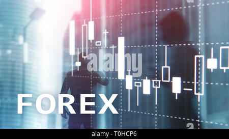 Forex Trading, finanziellen Kerze Tabelle und Grafiken auf unscharfen Business center Hintergrund. Stockfoto