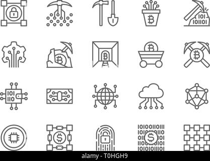 Satz von Blockchain Technologie Zeile für Symbole. Digitale Währung, Cryptocurrency, E-Wallet, Cloud Computing, digitalen Schlüssel, Crypto Bergbau, Transaktionen und Mor Stock Vektor