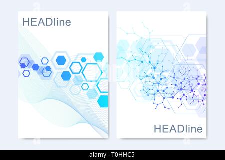 Moderne vektor Vorlagen für Broschüre, Abdeckung, Banner, Flyer, Jahresbericht, Faltblatt. Sechseckige molekularen Strukturen. Futuristische Technologie Hintergrund Stock Vektor