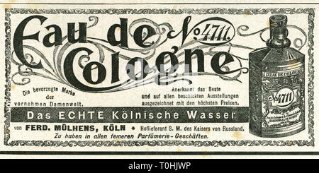 Werbung, Kosmetik, 4711, pure Eau-de-Köln, Werbeslogan: 'Die bevorzugte Marke der Damenwelt vornehmen", hergestellt von: Ferd. Muelhens, Köln, Deutschland, 1899, Additional-Rights - Clearance-Info - Not-Available Stockfoto